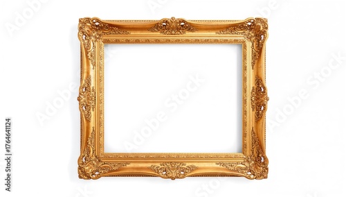 Vintage decorative gold frame against a white backdrop. Concept of antique golden artifacts. Elegant relic of a luxurious era.