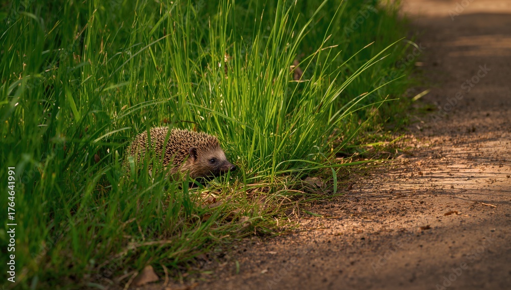 Obraz premium Adult hedgehog concealed in tall grass near pathway to avoid threats
