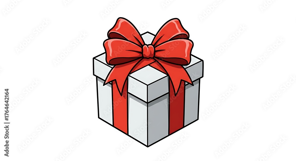 Obraz premium A cartoon-style illustration of a white gift box with a large red bow on a white background