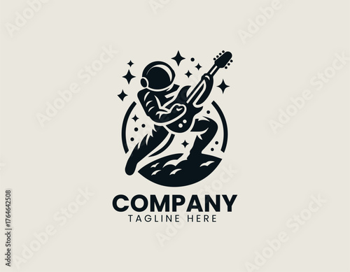 Space rocker astronaut playing electric guitar in creative futuristic vector logo design illustration