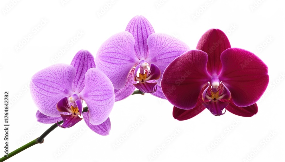 Naklejka premium Burgundy orchids and purple Phalaenopsis flowers against a white backdrop