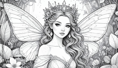 Fairy with Floral Crown and Ornate Wings – Intricate Fantasy Line Art in Enchanted Botanical Setting