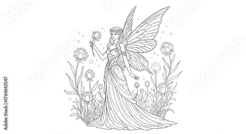 Whimsical Fairy with Ornate Wings – Floral Fantasy Line Art for Coloring and Design