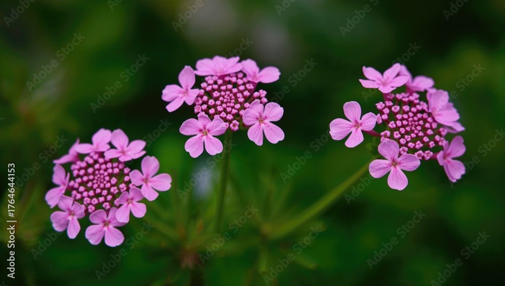 Fototapeta premium Delicate clusters of pink and purple blossoms sway gently among lush green leaves, their soft petals bursting with vibrant hues.