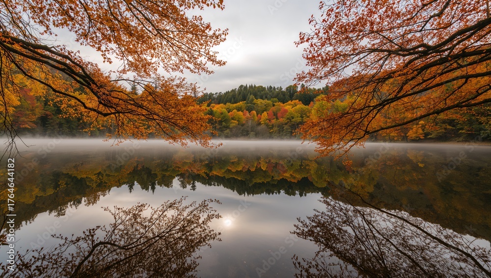 Obraz premium Autumn trees mirrored on a calm lake surface in late fall
