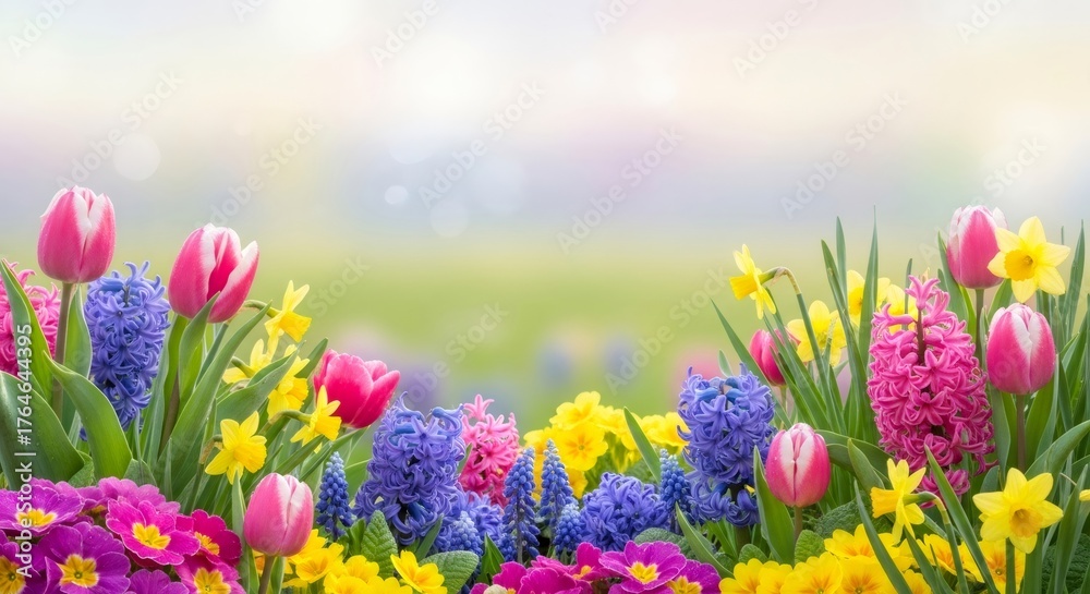 Obraz premium Beautiful spring flowers border with lush green leaves and colorful petals. Floral background for springtime, Easter, greeting card, and nature designs.