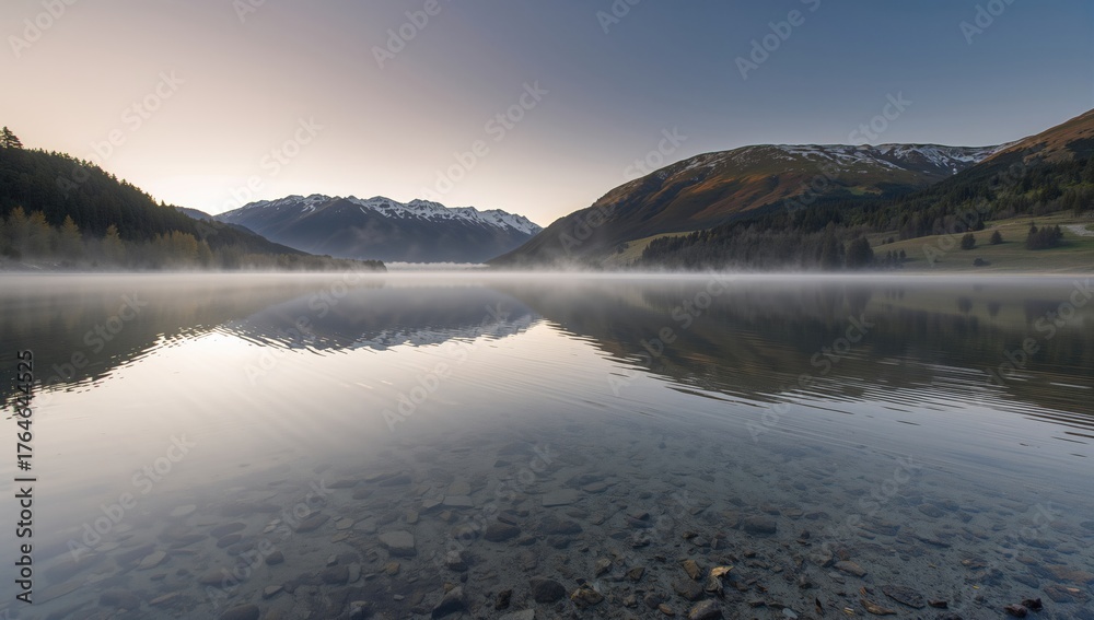 Fototapeta premium Stunning reflective water of Matheson Lake at dawn, serene natural scenery