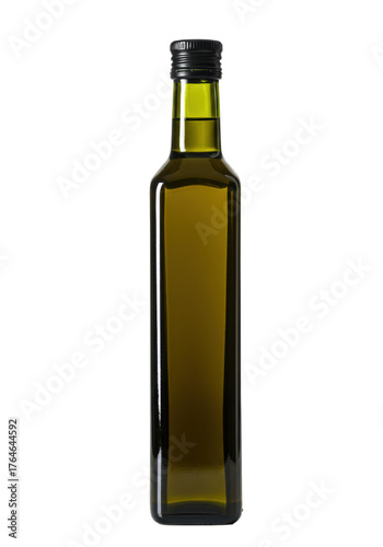 A single tall, slender, dark green glass bottle with a square base, filled with luminous golden yellow extra virgin olive oil, dark screw cap, on a transparent studio background with copy space,