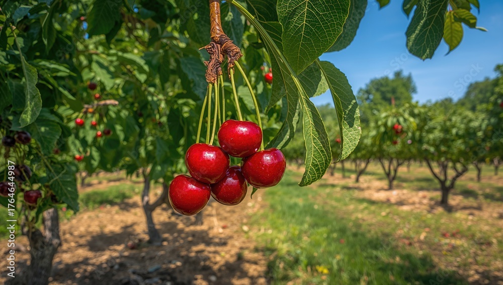 Fototapeta premium Tart cherries clustered on a limb in an orchard setting. Concept image related to farming and fruit picking.