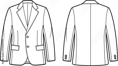 Men’s classic blazer jacket front and back view, formal fashion apparel cad drawing flat vector illustration, clothing design template