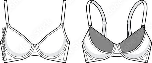 Women's underwire bra front and back view, lingerie fashion technical CAD drawing flat vector illustration, garment template for apparel designers