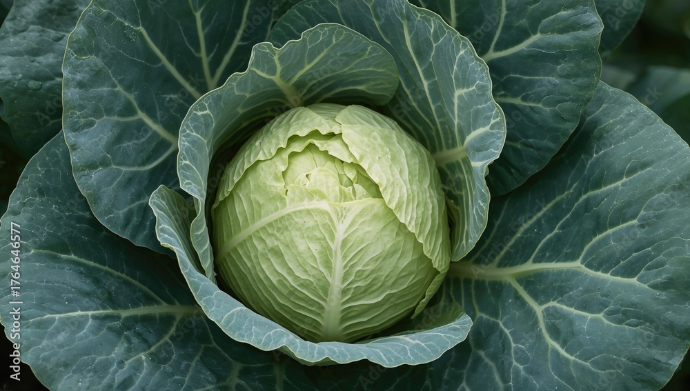 Fototapeta premium Fresh green cabbage growing in an eco-friendly garden. Home cultivated vegetables with sustainable agriculture. Nature background with leaves and health benefits.