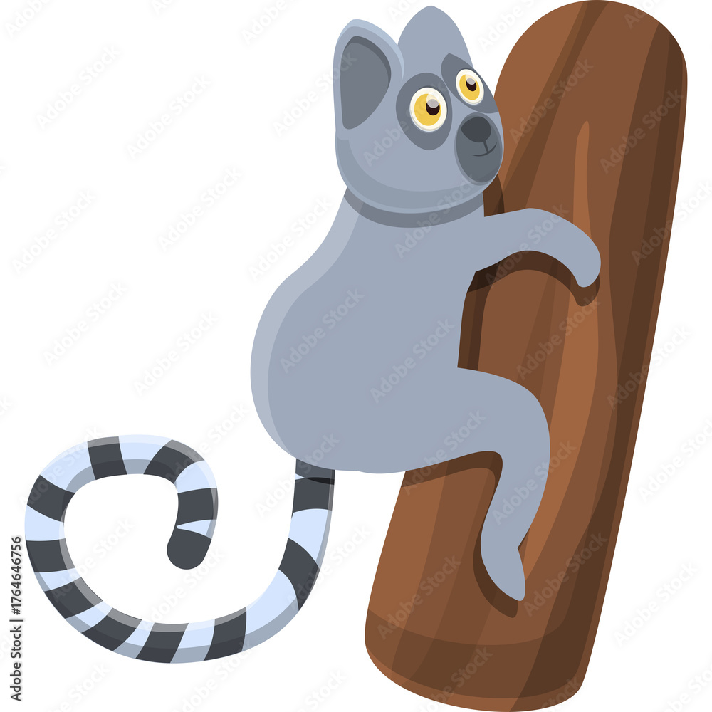Obraz premium Cartoon Ring Tailed Lemur Climbing a Tree Trunk with a Swirling Tail Against a White Background Simple Vector Illustration