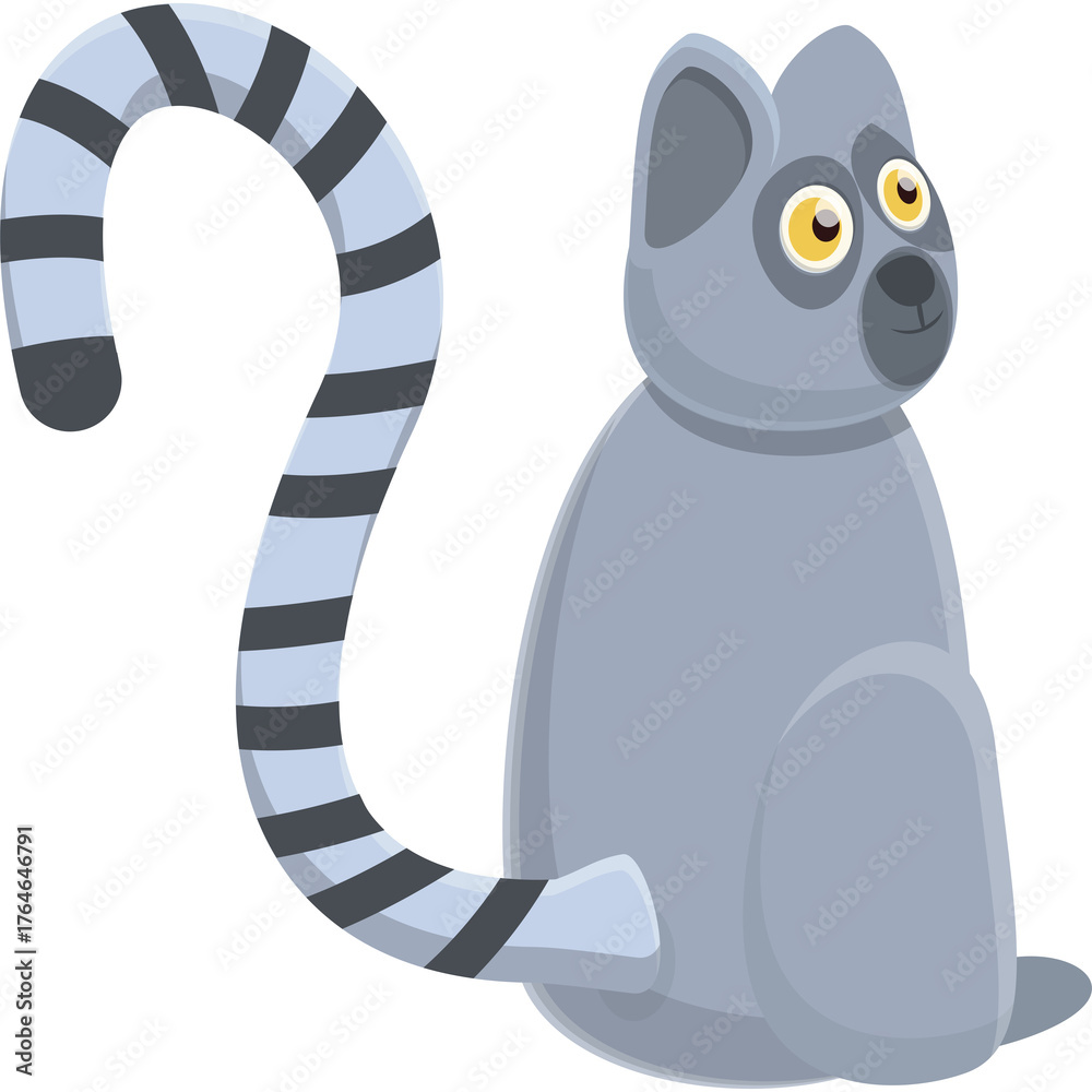Obraz premium Cartoon Ring Tailed Lemur Sitting With Curled Tail And Yellow Eyes A Cute Primate Illustration On White Transparent Background