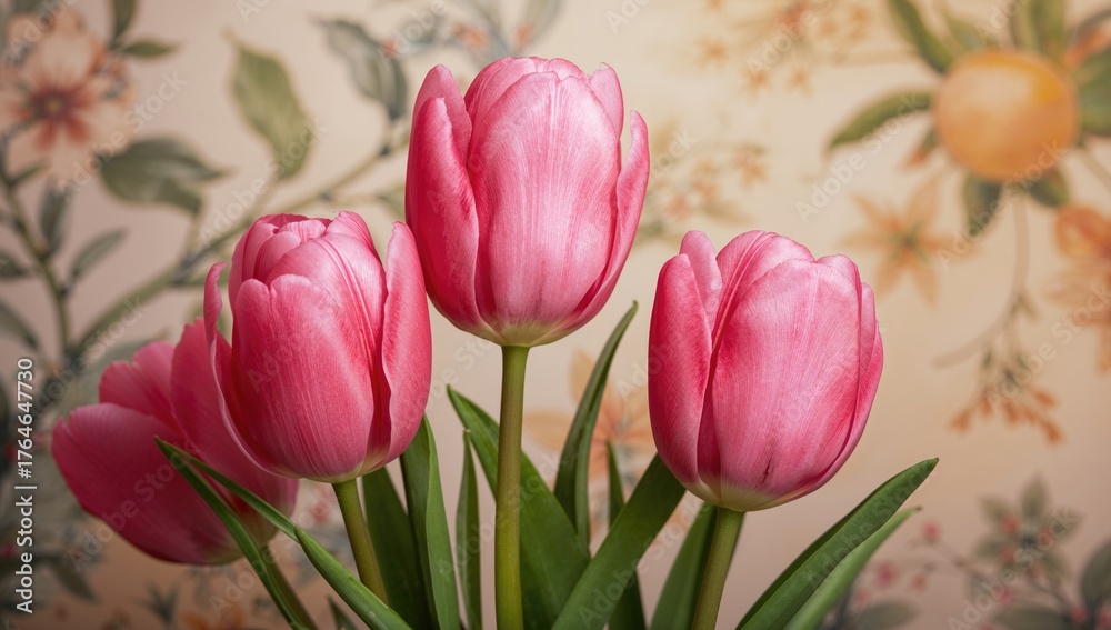 Fototapeta premium Vibrant pink tulips in a detailed close-up, festive panorama with flowers, summer vibes, nature, springtime, affection, leaves, floral charm, and garden scenery