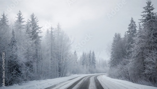 Winter forest road covered with snow