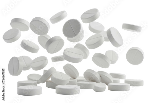 Identical white round pharmaceutical pills with score lines, matte, falling against a transparent background with bokeh, concept of pharmacy and healthcare purity