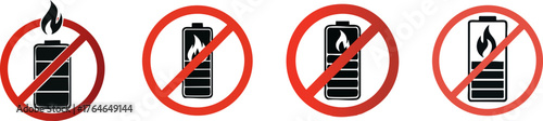 Warning symbols indicating prohibited actions related to batteries, including fire hazards and improper disposal.