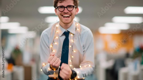 Office, christmas, party, employee celebrating with lights.