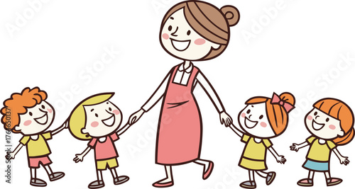 Vektor Illustration einer Lehrerin mit Schulklasse. a happy teacher standing with a diverse group of cheerful children holding hands in a row. The teacher is in the center wearing a pink dress,