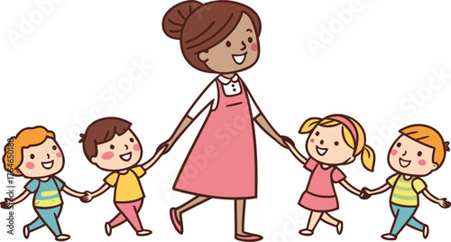 Vektor Illustration einer Lehrerin mit Schulklasse. a happy teacher standing with a diverse group of cheerful children holding hands in a row. The teacher is in the center wearing a pink dress,