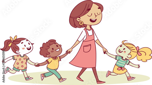 Vektor Illustration einer Lehrerin mit Schulklasse. a happy teacher standing with a diverse group of cheerful children holding hands in a row. The teacher is in the center wearing a pink dress,