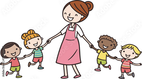 Vektor Illustration einer Lehrerin mit Schulklasse. a happy teacher standing with a diverse group of cheerful children holding hands in a row. The teacher is in the center wearing a pink dress,