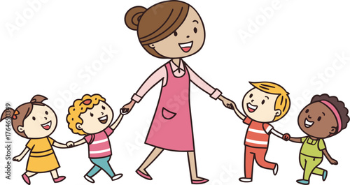 Vektor Illustration einer Lehrerin mit Schulklasse. a happy teacher standing with a diverse group of cheerful children holding hands in a row. The teacher is in the center wearing a pink dress,
