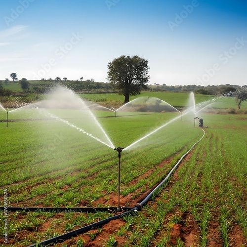 Automated irrigation system watering a green field with a blue sky