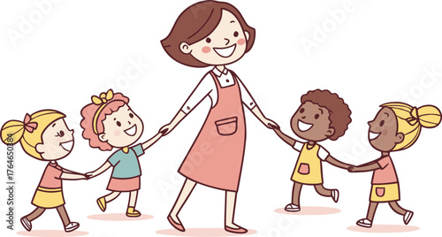 Vektor Illustration einer Lehrerin mit Schulklasse. a happy teacher standing with a diverse group of cheerful children holding hands in a row. The teacher is in the center wearing a pink dress,