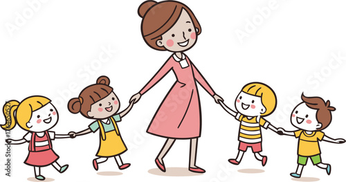 Vektor Illustration einer Lehrerin mit Schulklasse. a happy teacher standing with a diverse group of cheerful children holding hands in a row. The teacher is in the center wearing a pink dress,