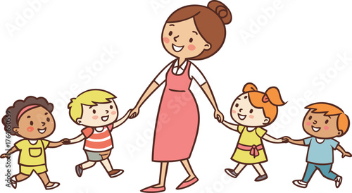 Vektor Illustration einer Lehrerin mit Schulklasse. a happy teacher standing with a diverse group of cheerful children holding hands in a row. The teacher is in the center wearing a pink dress,