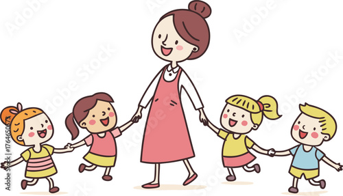 Vektor Illustration einer Lehrerin mit Schulklasse. a happy teacher standing with a diverse group of cheerful children holding hands in a row. The teacher is in the center wearing a pink dress,