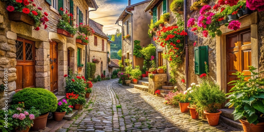 Fototapeta premium Serene Village Portrait: Rustic Charm and Simple Beauty in a Quaint Countryside Setting