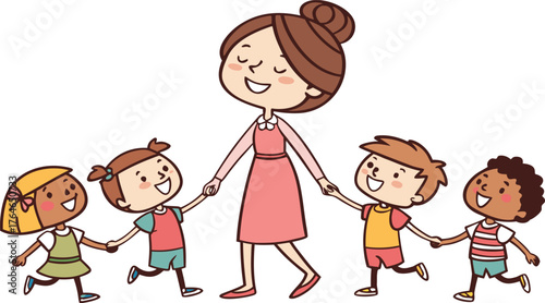 Vektor Illustration einer Lehrerin mit Schulklasse. a happy teacher standing with a diverse group of cheerful children holding hands in a row. The teacher is in the center wearing a pink dress,