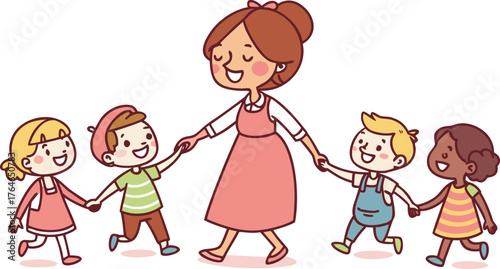Vektor Illustration einer Lehrerin mit Schulklasse. a happy teacher standing with a diverse group of cheerful children holding hands in a row. The teacher is in the center wearing a pink dress,