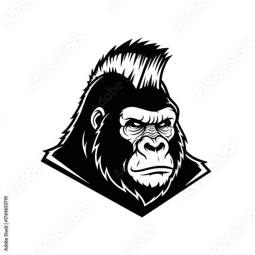 Black and white vector illustration of a gorilla with a mohawk hairstyle.