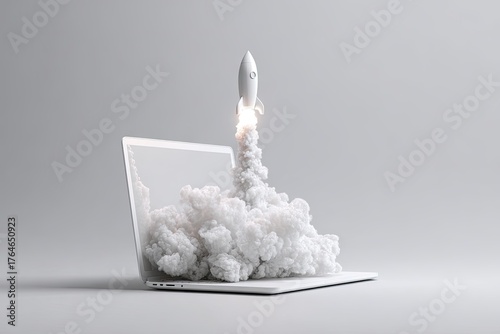 A white laptop with a rocket launching from it, surrounded by white smoke