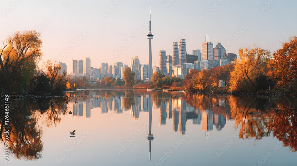 Fototapeta premium Modern metropolitan skyline reflects in calm water surrounded by vibrant autumn foliage at sunrise