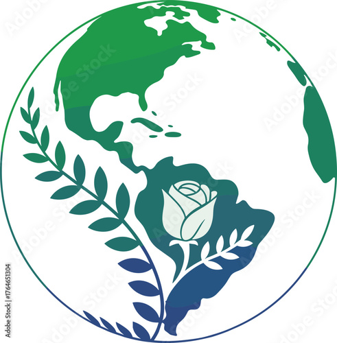 Globe with green continents and white rose on blue continent earth world