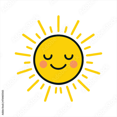 Cheerful cartoon sun with closed eyes and rosy cheeks radiating warmth