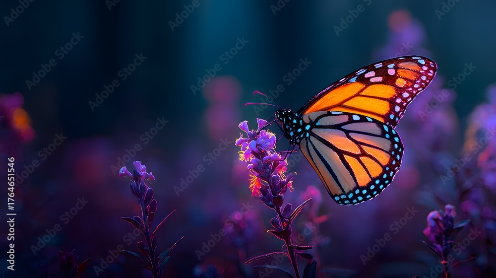 Obraz premium Brightly colored insect rests upon a purple blossom against a dark, moody background