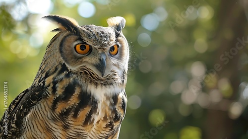 Close-up of majestic owl with bright orange eyes in natural forest light, symbol of wisdom and wildlife
