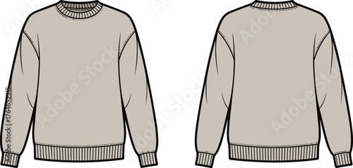 CAD drawing flat vector illustration of unisex basic crew neck sweatshirt, minimal casual pullover top, front and back technical design