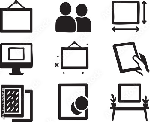 Canvas Frame Mockup Icon Set include, Art Display, Gallery Presentation, Frame Dimensions, Visual Preview, Wall Mounting, Design Placement, Aesthetic Context, Material Texture, Color Coordination