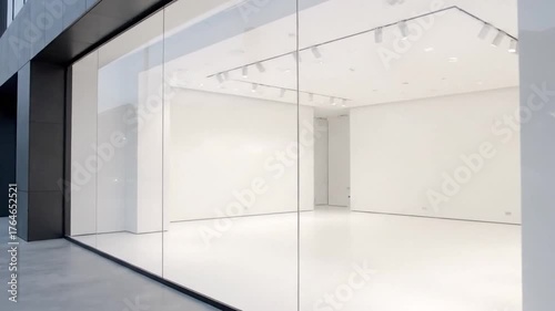 Contemporary architecture showcasing a minimalist interior space with clean lines, white walls, and bright lighting