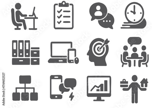 Office Workspace Productivity Icon Set include, Ergonomic Setup, Task Management, Collaboration Tools, Time Optimization, Organized Environment