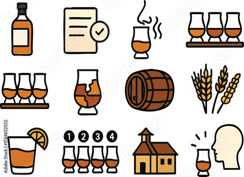 Whiskey Tasting Flight Icon Set include, Spirit Selection, Tasting Notes, Aroma Profile, Color Comparison, Sample Glasses, Flavor Complexity