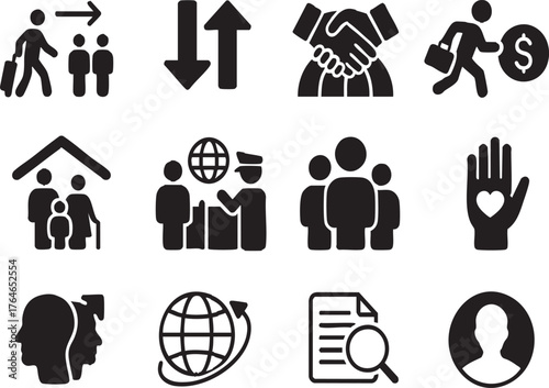 Global Migration Essay Icon Set include, Population Movement, Push-Pull Factors, Cultural Integration, Economic Motivations, Refugee Crisis, Border Policies, Social Impact, Human Rights