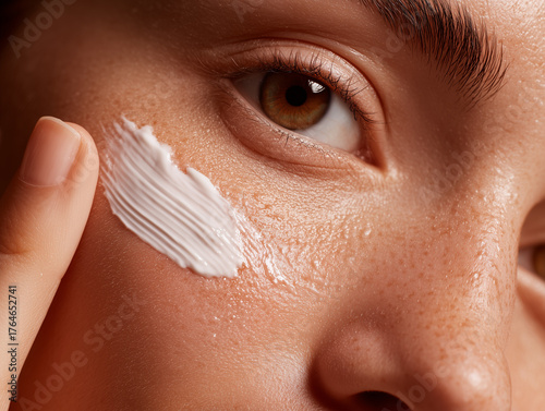 Woman applying skincare cream on her face with focused expression  Ultra extreme close up macro shot
